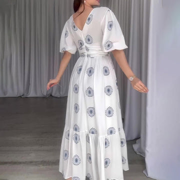 Women's Summer Fashion Vcollar Bubble Sleeve High-Waist Print Splicing Body Dress